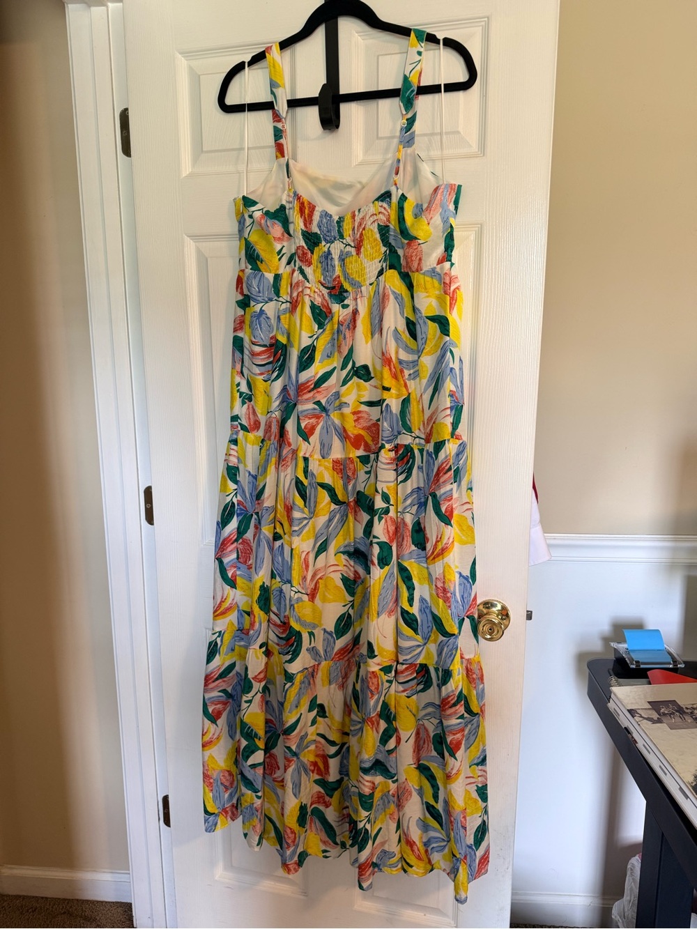 Skies Are Blue White Maxi Dress with Yellow, Green, Blue & Coral Leaf Print - Picture 2 of 2